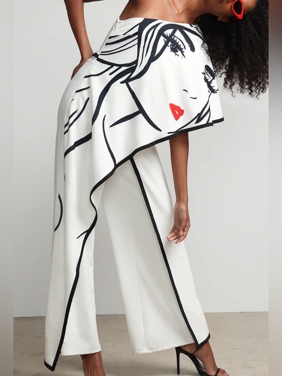 New York & Company Pants - New York & Company White Wide-Leg Pants with Black Graphic and Red Accent Size M